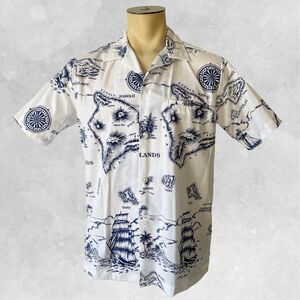 Vintage Hawaiian Shirt Men's M Blue/White Map Print Hawaii Islands Shoreline